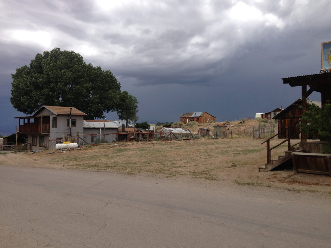 Weathered wooden and stone buildings in the near-ghost town of Ione, Nye County, Nevada, photographed in July 2014. Photo by Famartin, CC BY-SA 4.0.