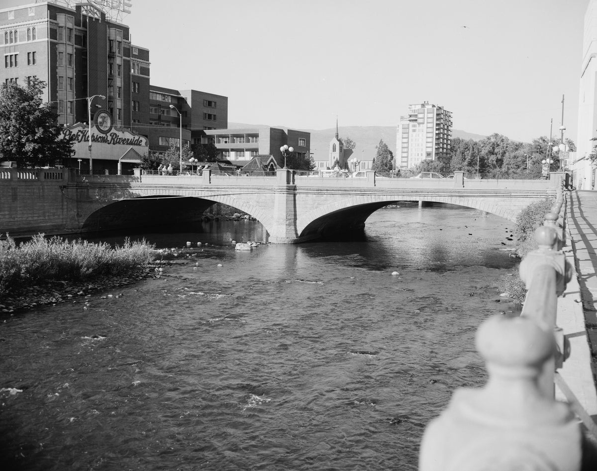 The concrete double-arch Virginia Street Bridge over the Truckee River in downtown Reno, Nevada.