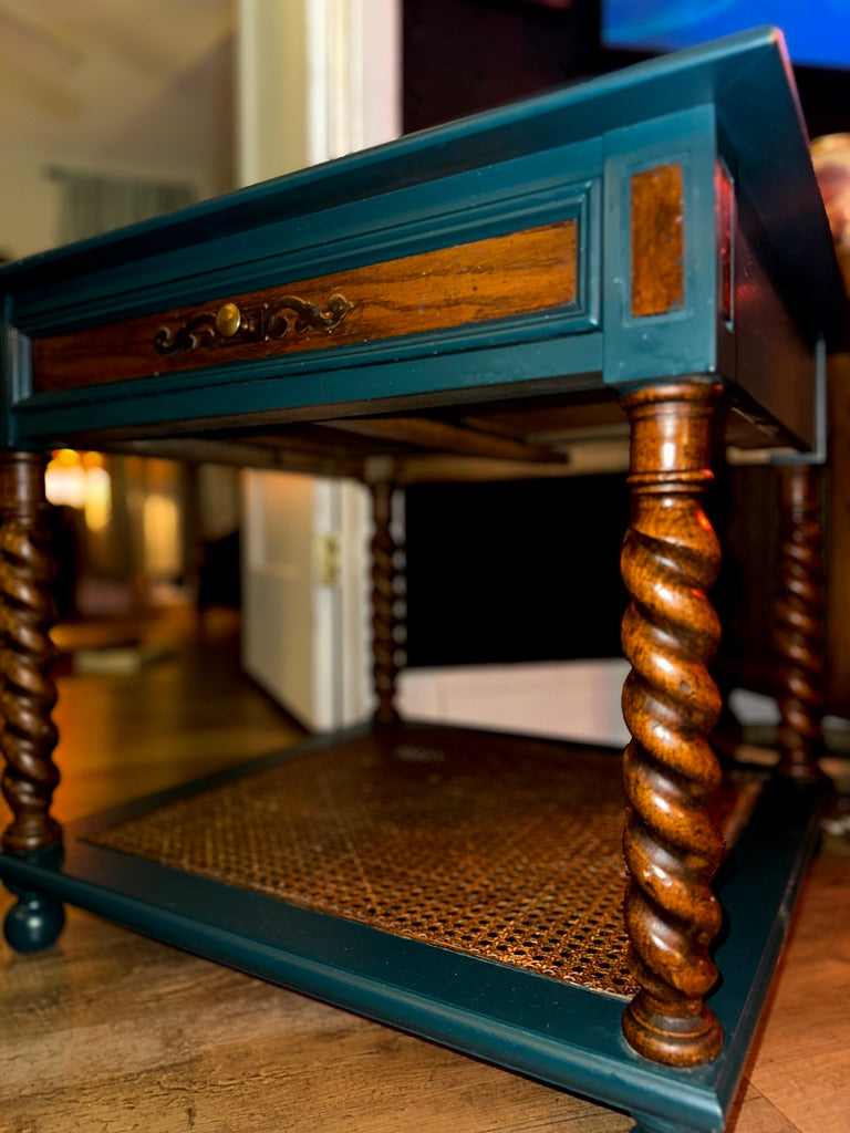 Refurbished barley twist side table with woven cane lower shelf, a later stylistic descendant of Carolean spiral turning and caning
