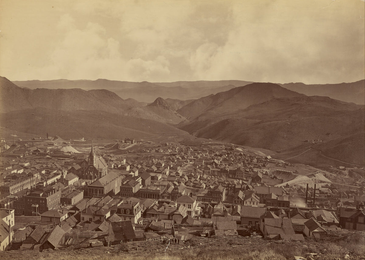 Carleton Watkins, Virginia City, Nevada, albumen silver print, 1875: the Comstock town at the top of the climb (public domain)