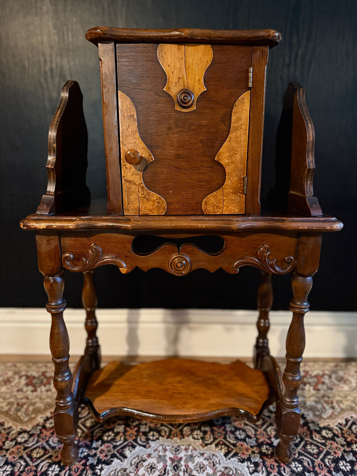 Early-20th-century joined oak smoking cabinet - a much later descendant of 17th-century joined-oak construction, not a Pilgrim Century original.