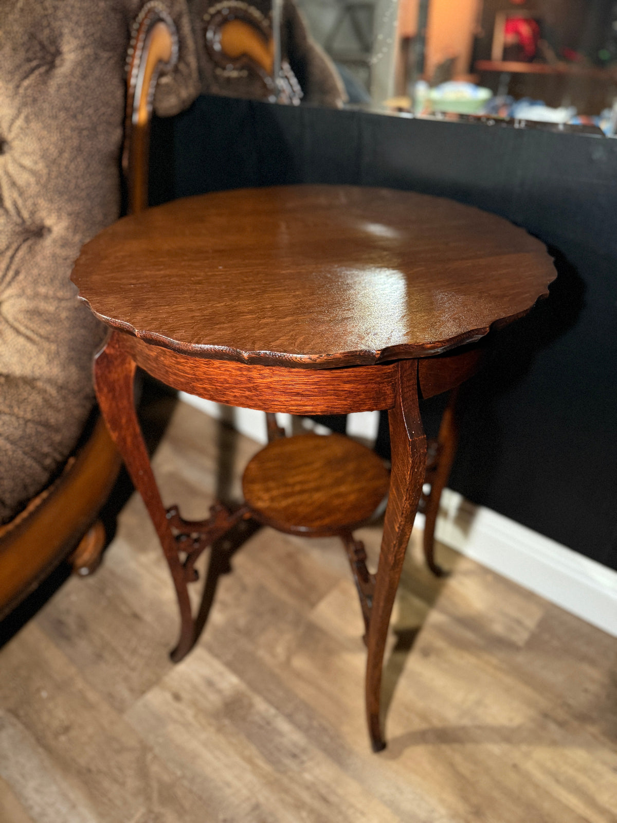 Victorian Rococo Revival carved wood side table with cabriole legs and scalloped top