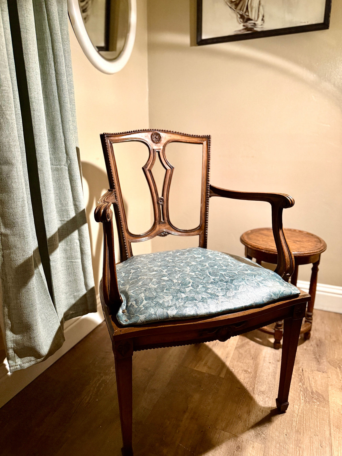 Early 20th-century open-back armchair with a preserved woven seat base, shown as a rustic cousin to Adirondack and Old Hickory seating