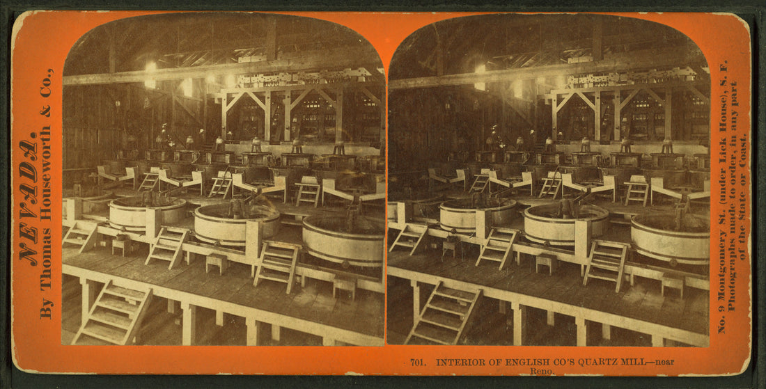 Stereograph no. 701, "Interior of English Co.'s Quartz Mill — near Reno," by Thomas Houseworth & Co., San Francisco: rows of circular amalgamating pans and settlers with wooden ladders inside the timber mill building at Auburn, Nevada.