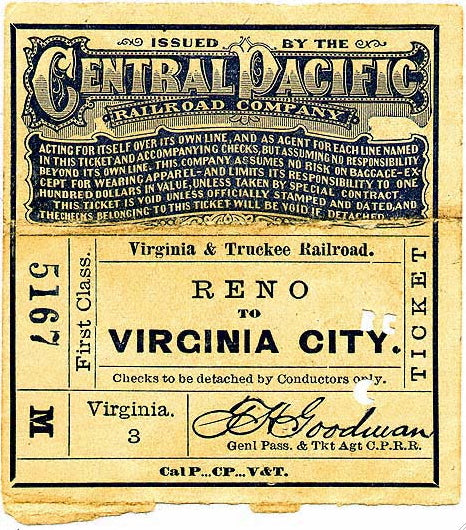 Reno to Virginia City railroad ticket, Central Pacific and Virginia & Truckee, 1878 (public domain)
