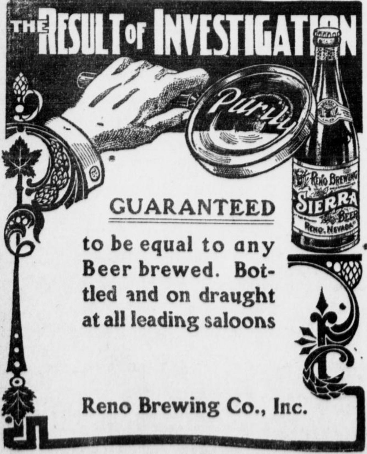 A 1914 newspaper advertisement for Sierra Beer, brewed by the Reno Brewing Company. Public domain.