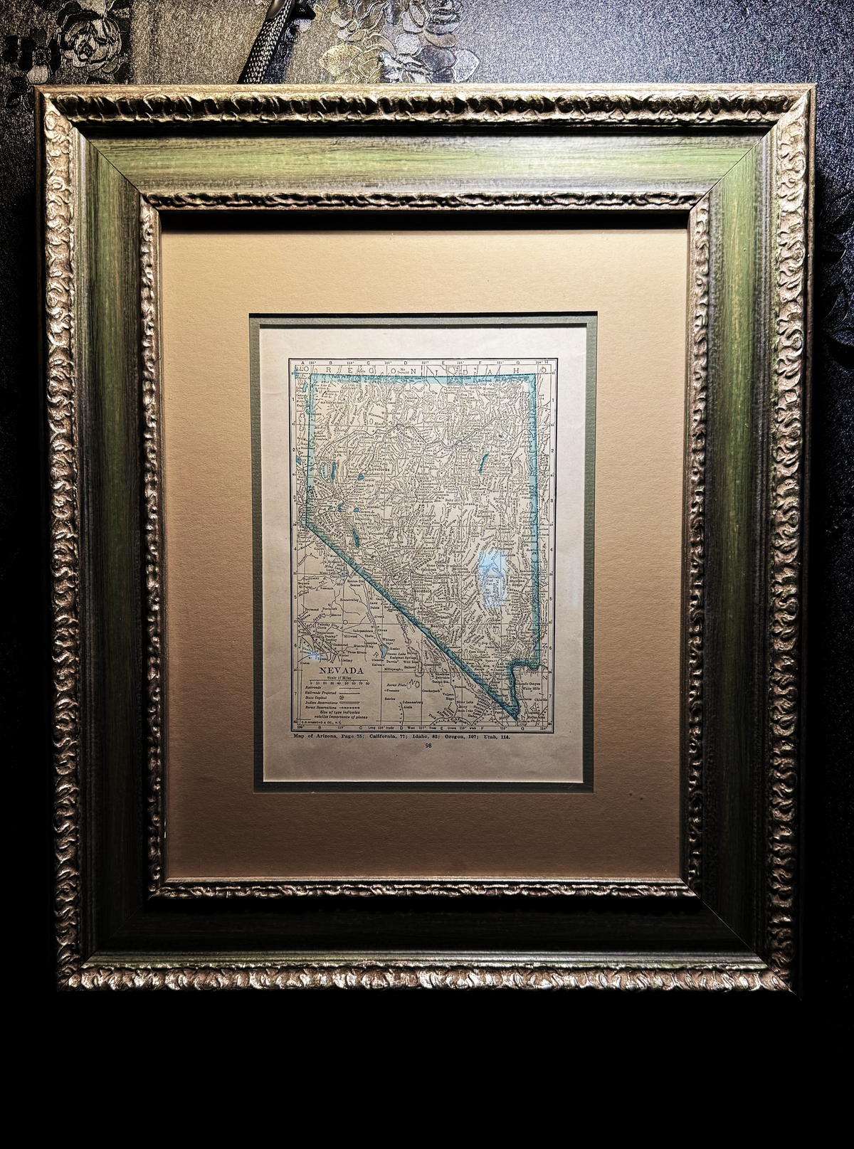 An engraved map of Nevada from the 1870s-1880s, a period-appropriate piece from the Viridian Eclection collection, not the Lake Mansion itself.