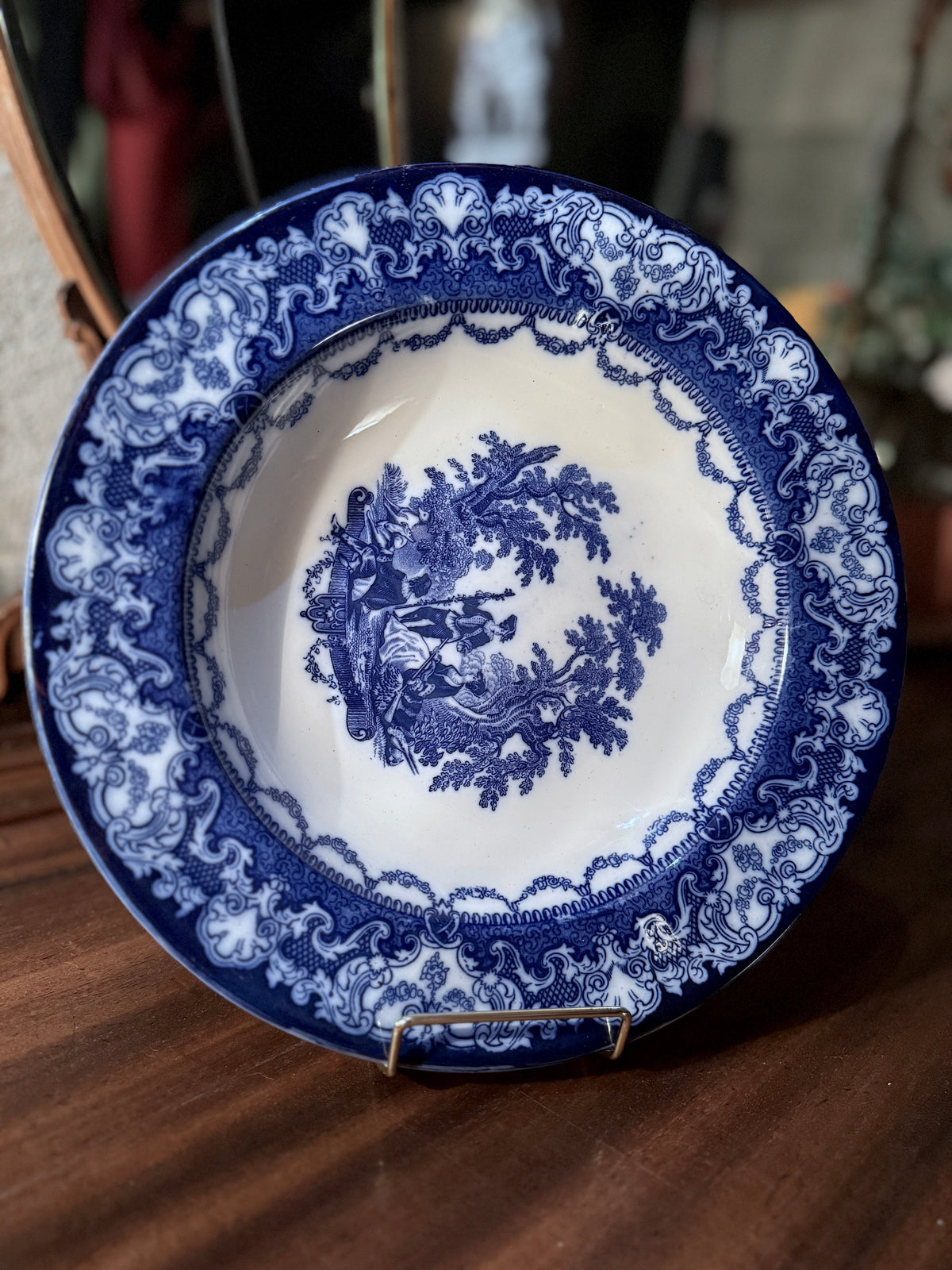 Antique Doulton Watteau Flow Blue plate, c. 1890-1902, Victorian blue-and-white transferware