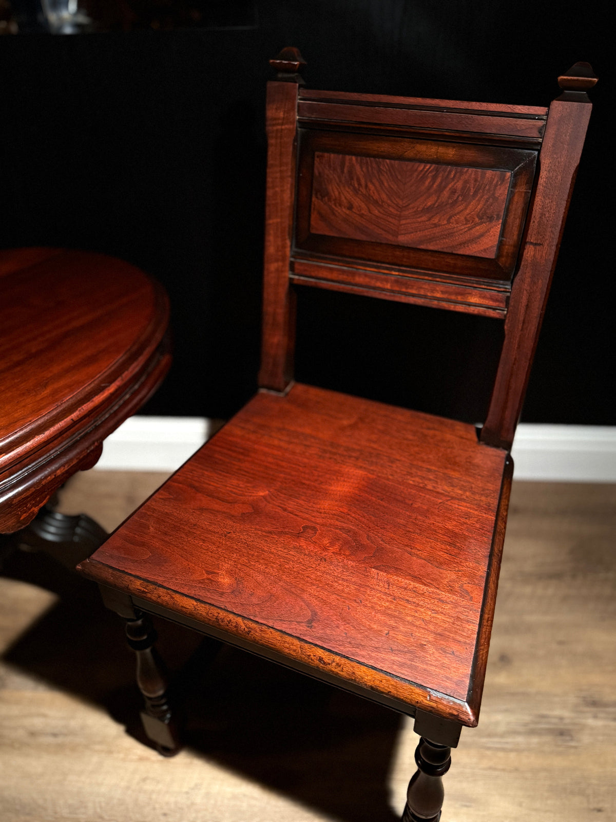 Carved oak Lenox Shops side chair, c. 1916 to 1933, Jacobean-revival joinery