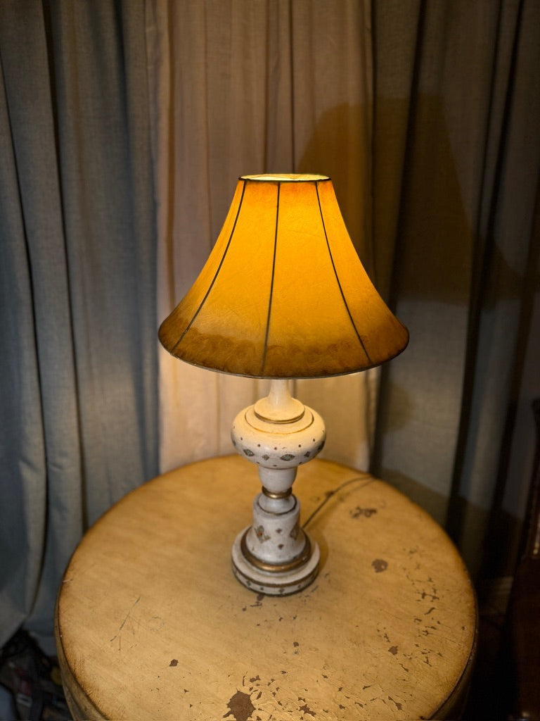 Pair of ivory gesso table lamps with a band of Moorish medallions, in the Spanish Revival taste