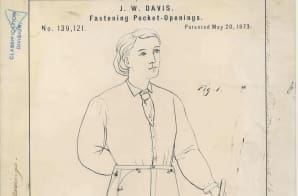 Patent drawing for U.S. Patent No. 139,121, Improvement in Fastening Pocket-Openings, granted to Jacob W. Davis and Levi Strauss & Co. on May 20, 1873.