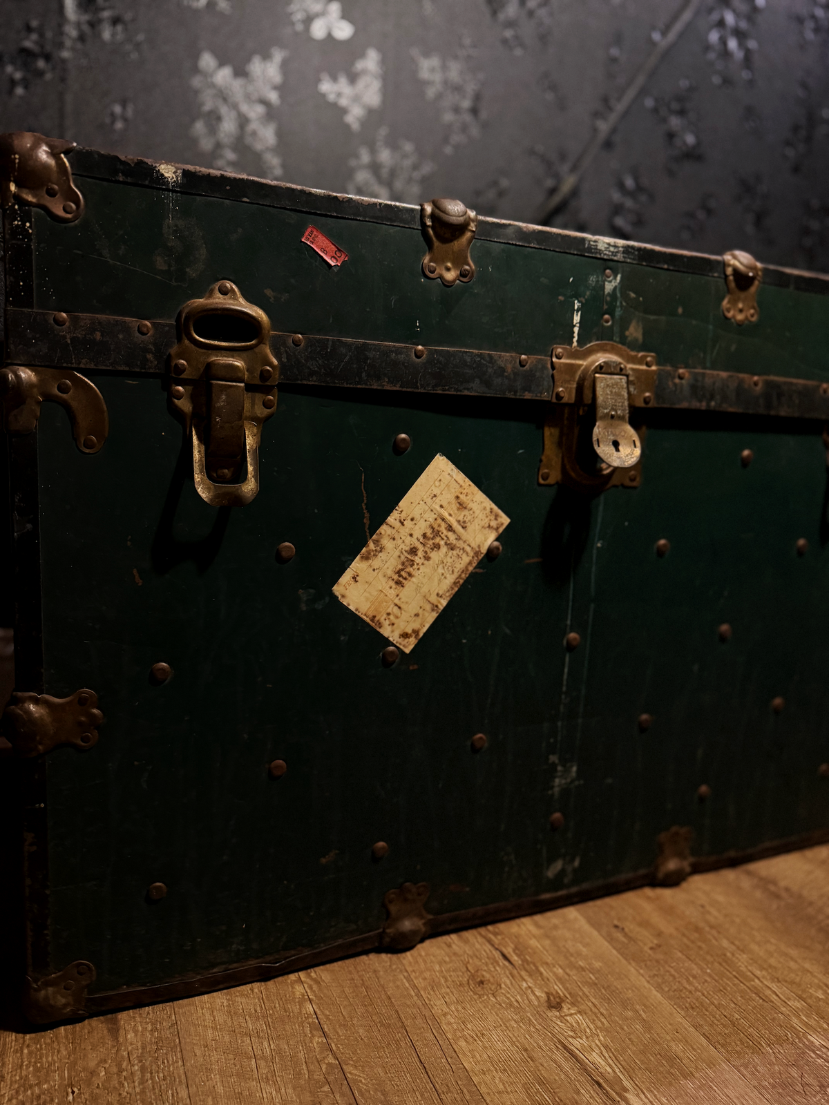 Antique flat-top steamer trunk by Portland Trunk Manufacturing Co., Oregon, c. 1920s-1940s