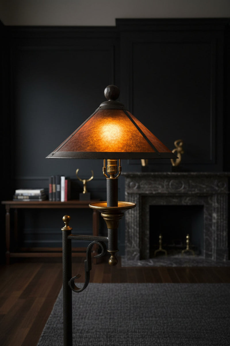 1920s Spanish Revival Wrought Iron Floor Lamp with Amber Mica Shade