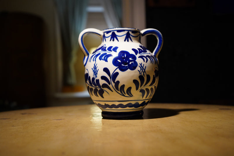 Vintage Mid Century Blue and White Hand-Painted Ceramic Urn Vase C. 1940-50s