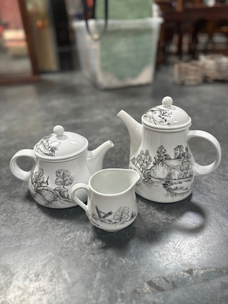 Hand-Painted Porcelain Coffee Pot, Teapot and Creamer with Grisaille Landscapes, Signed Claire and Dated C. Smith 1-84