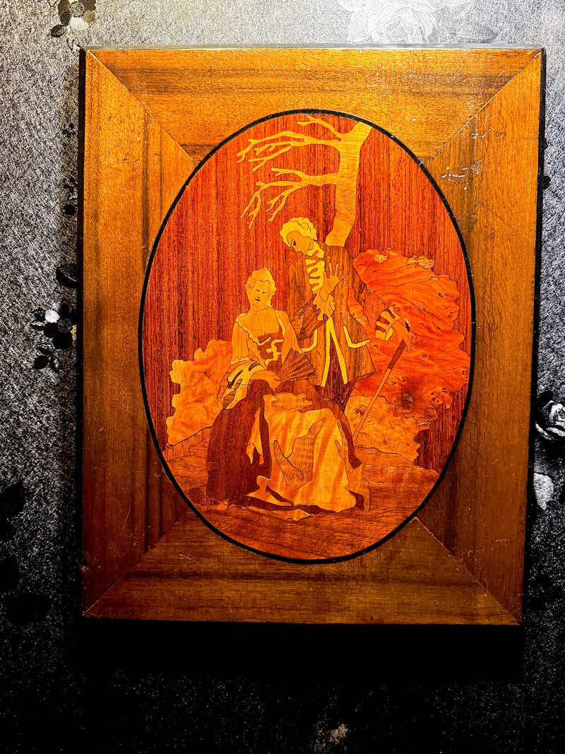 “Courting Under the Bare Tree” Marquetry Panel — Signed J. U. Hind 1938