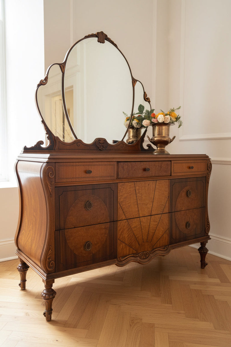 Johnson Furniture Co. Art Deco Waterfall Dresser Vanity with Triple Mirror (c. 1930s)