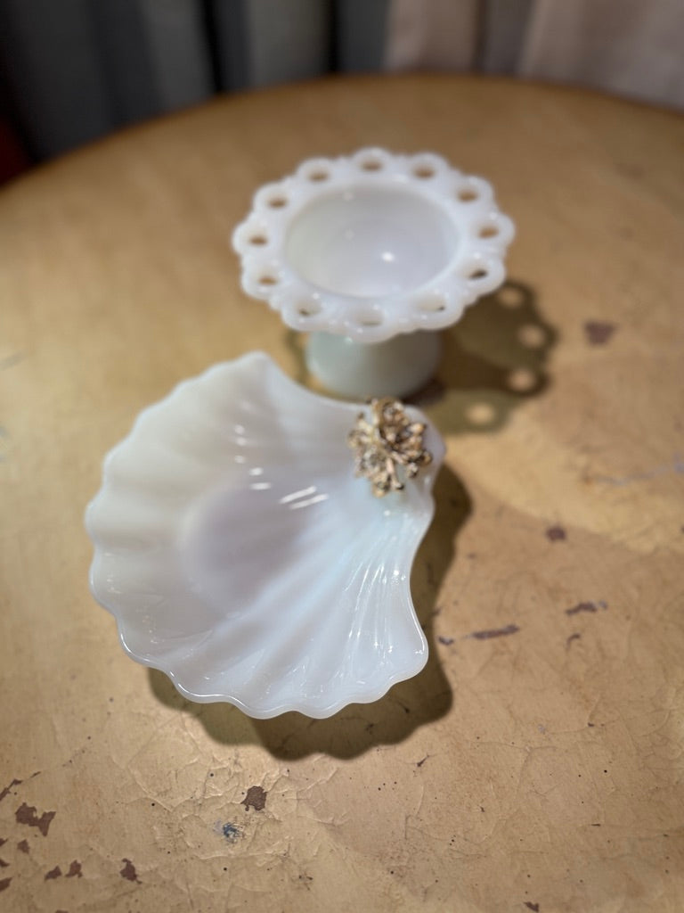 Vintage Milk Glass Pedestal Dish & Shell Tray Set (c. 1940s–1960s)