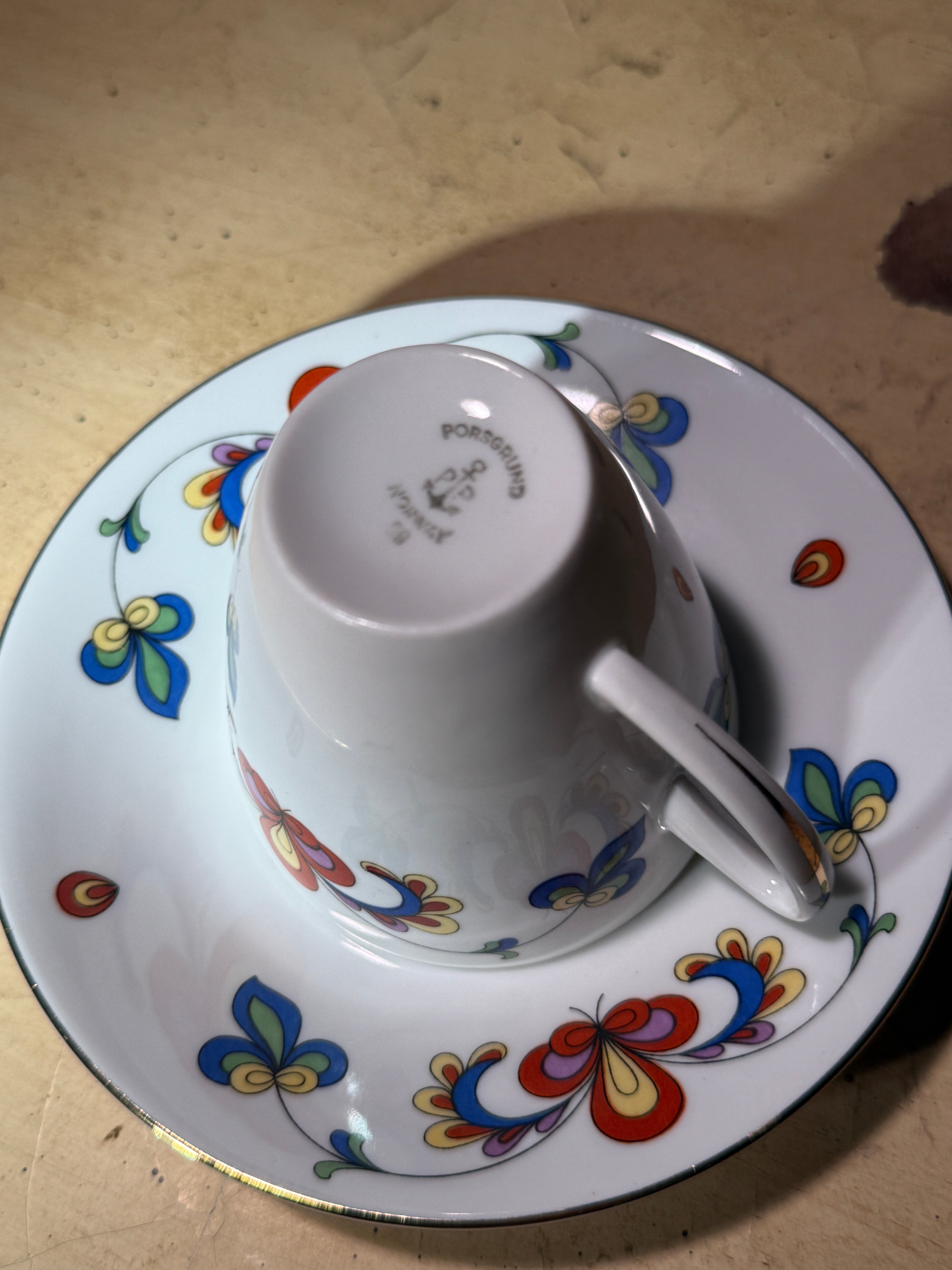 Porsgrund Porcelain Cup & Saucer Norwegian Mid-Century Folk Motif, c.1960s–70s