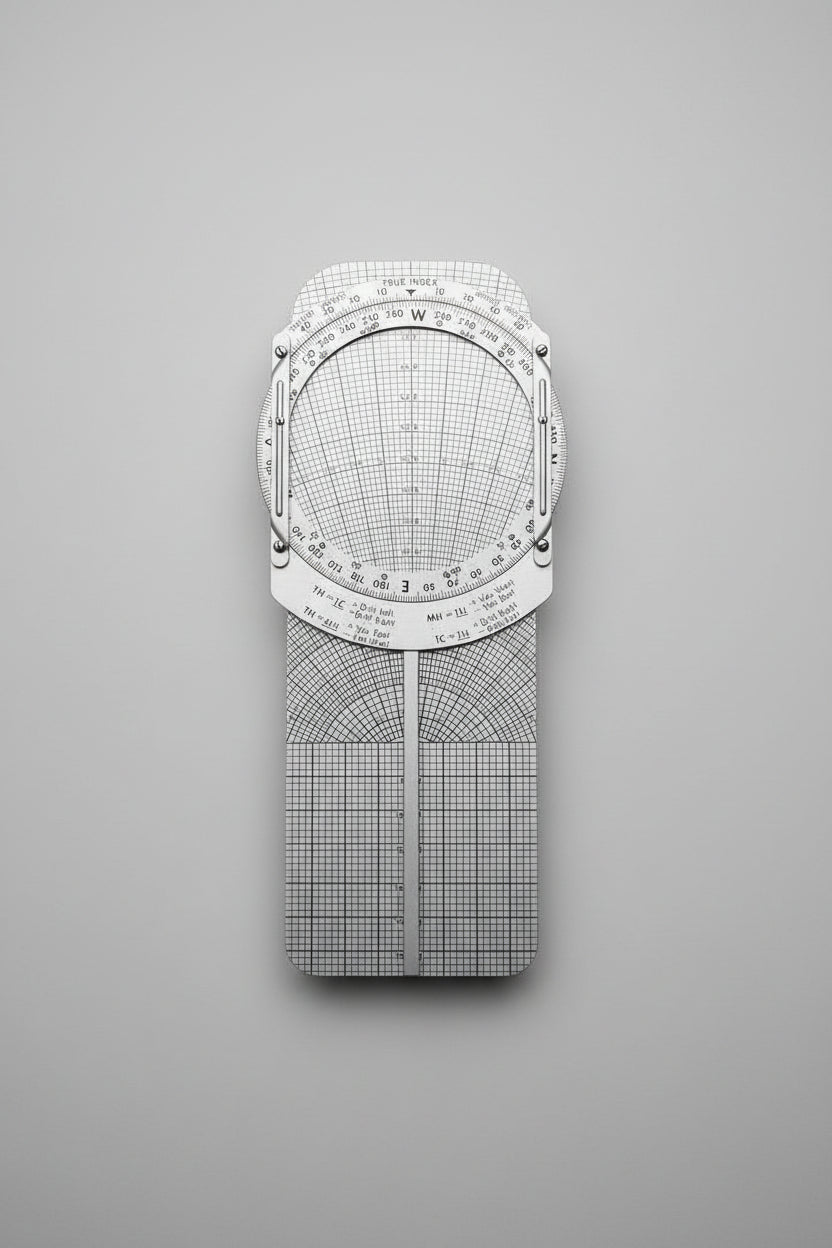 Silver protractor with grid on a yellow woven surface