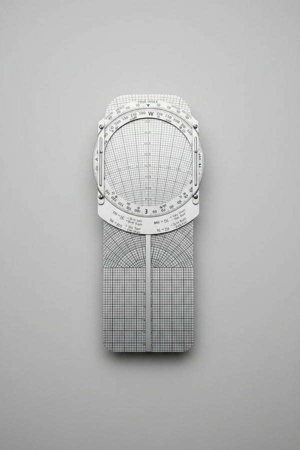 Silver protractor with grid on a yellow woven surface