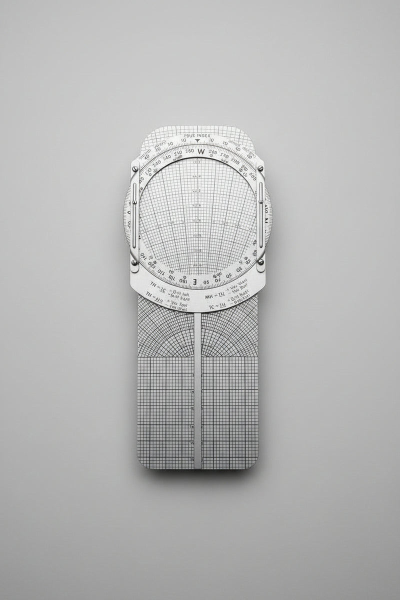 Silver protractor with grid on a yellow woven surface