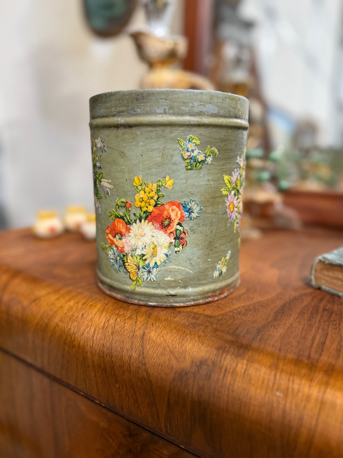 Vintage Sage Green Painted Tin Canister, Floral Decoupage, c. 1955–1980