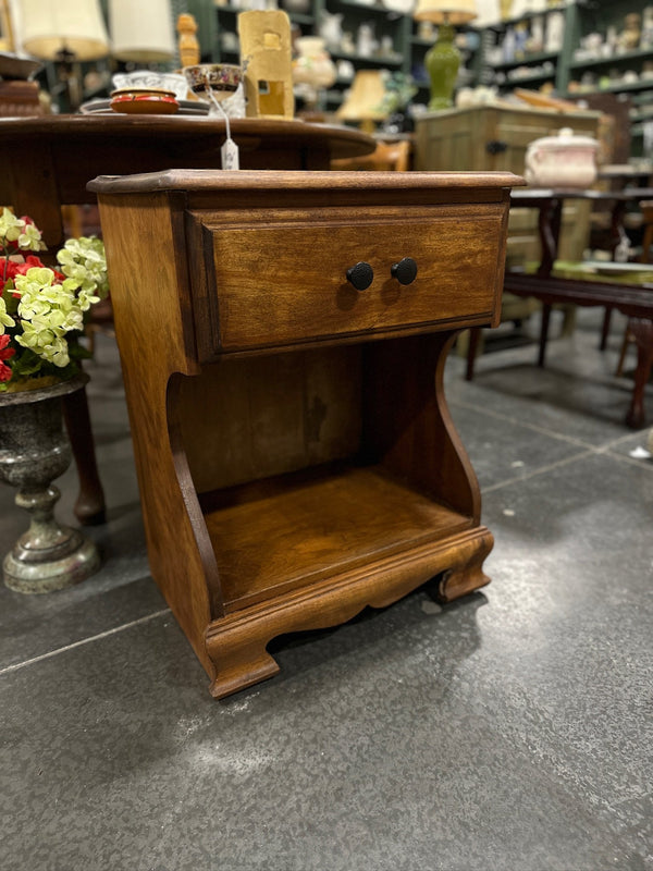 Vintage Birch Nightstand, Shaped Sides and Open Shelf, c. 1935–1955