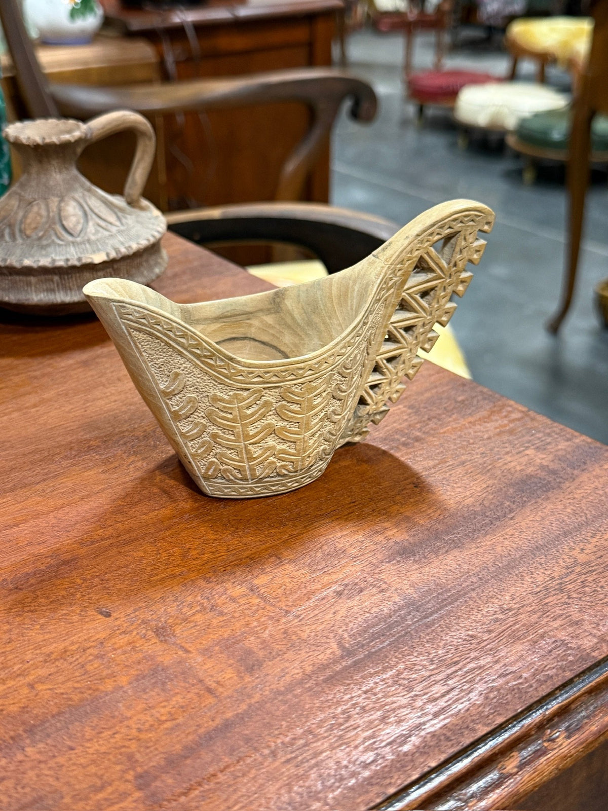 Vintage Yugoslav Chip Carved Wood Scoop, Pierced Handle, c. 1950–1991