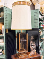 Vintage Oak and Smoked Glass Lantern Table Lamp, c. 1960–1980