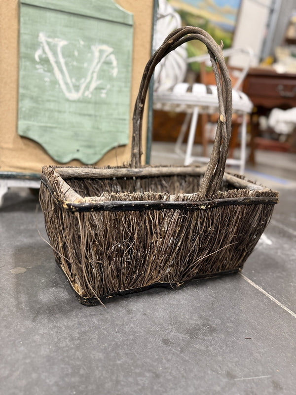 Antique Brushwood Gathering Basket with Branch Handle, c. 1900–1960