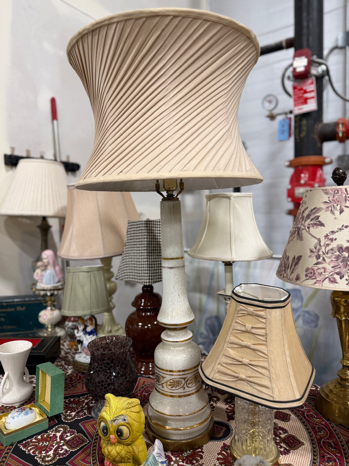 Vintage Speckled Glaze Ceramic Lamp with Gilt Frieze, c. 1955–1975