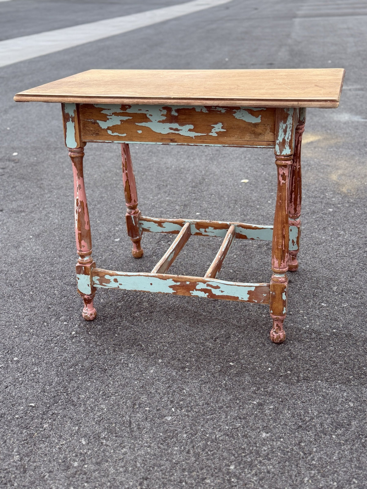 Turned Leg Side Table, Chipped Pink and Blue Paint, c. 1890–1920