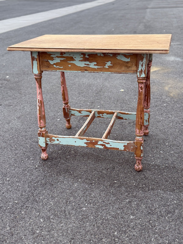 Turned Leg Side Table, Chipped Pink and Blue Paint, c. 1890–1920