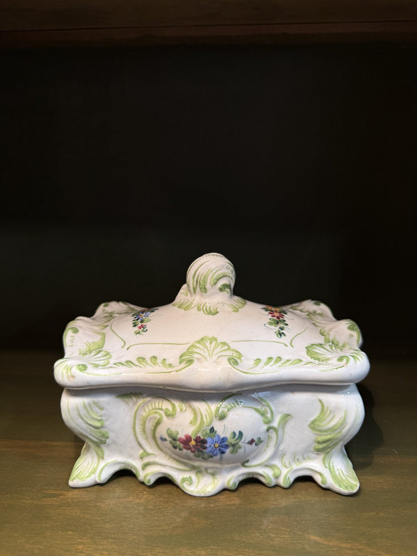 Italian Faience Covered Box, Green Rococo Scrollwork, c. 1950–1975
