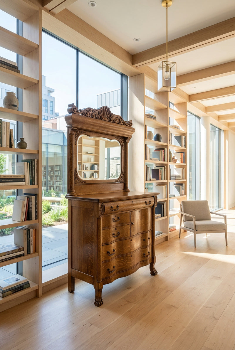 Carved Quartersawn Oak Chiffonier, Pillar Mirror, c. 1895–1910