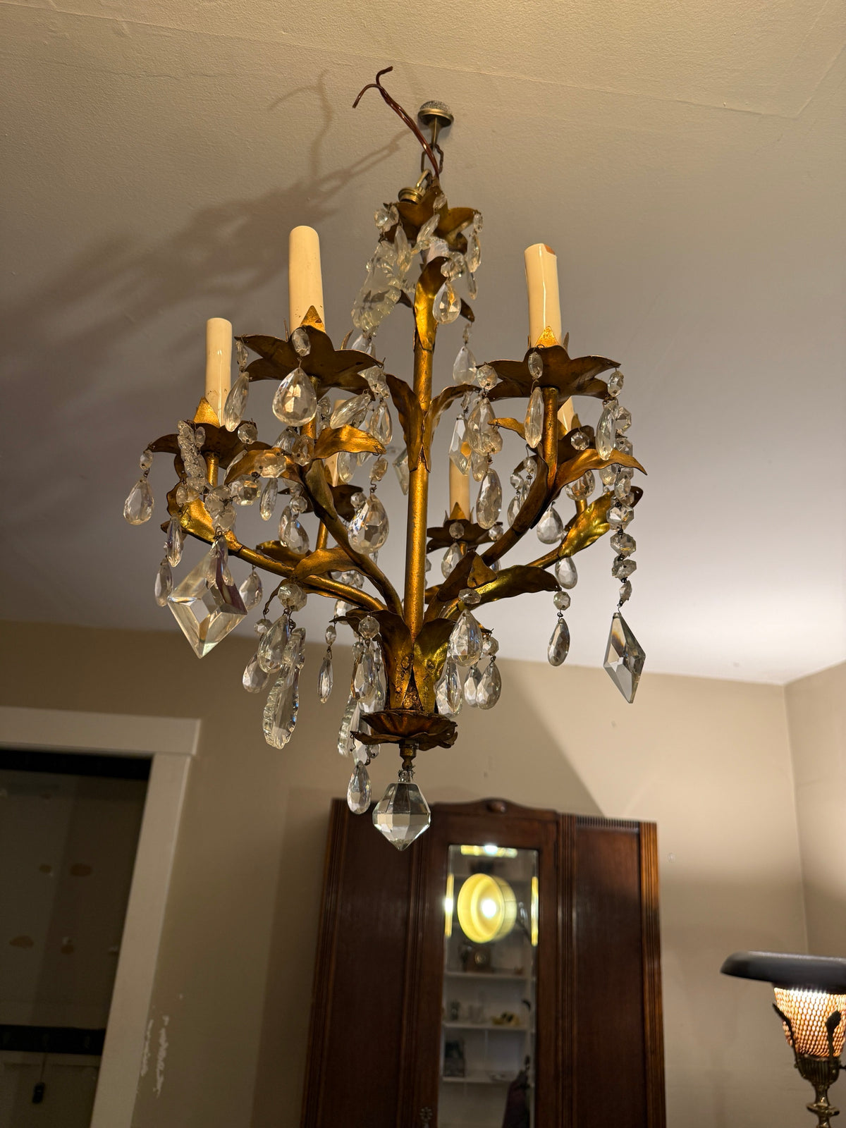 Vintage Italian Gilt Tole Six Light Crystal Chandelier, c. 1950–1975