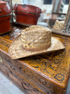 Vintage Woven Palm Straw Western Hat, Leather Bound Brim, c. 1965–1990