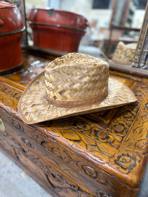 Vintage Woven Palm Straw Western Hat, Leather Bound Brim, c. 1965–1990