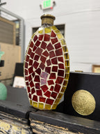 Hand Cut Cathedral Glass Mosaic Bottle, Brass Collar, c. 1955–1975