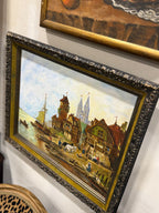 Vintage Signed European River Town Oil Painting, Framed, 1975
