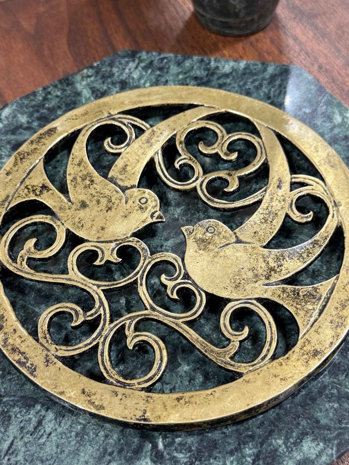 Antique Cast Brass Openwork Bird and Scroll Trivet, c. 1900–1940