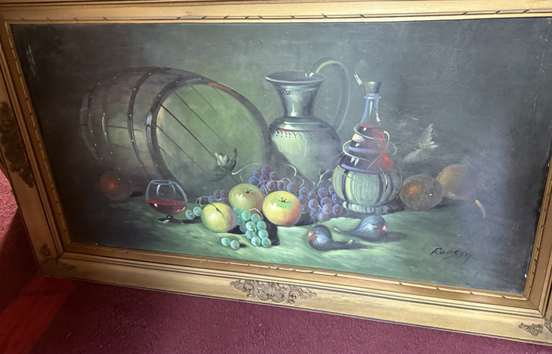 Still Life with Wine Barrel and Fiasco, Signed Oil, c. 1940–1970