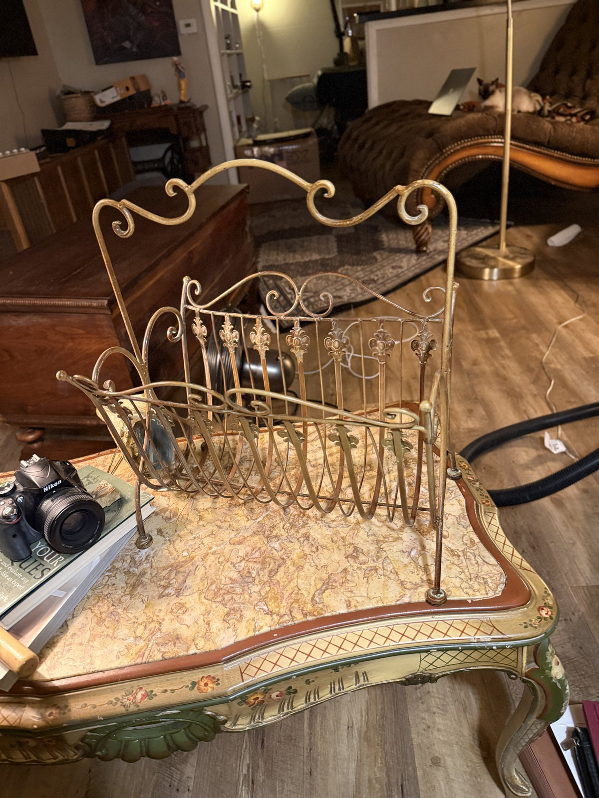 Gilt Iron Magazine Stand, Palmette Frieze, Brass Feet, c. 1950–1975