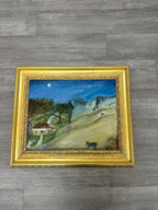 Naive Moonlit Hill Village with Donkey, Oil on Canvas, c. 1950–1980