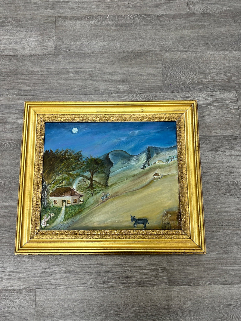 Naive Moonlit Hill Village with Donkey, Oil on Canvas, c. 1950–1980