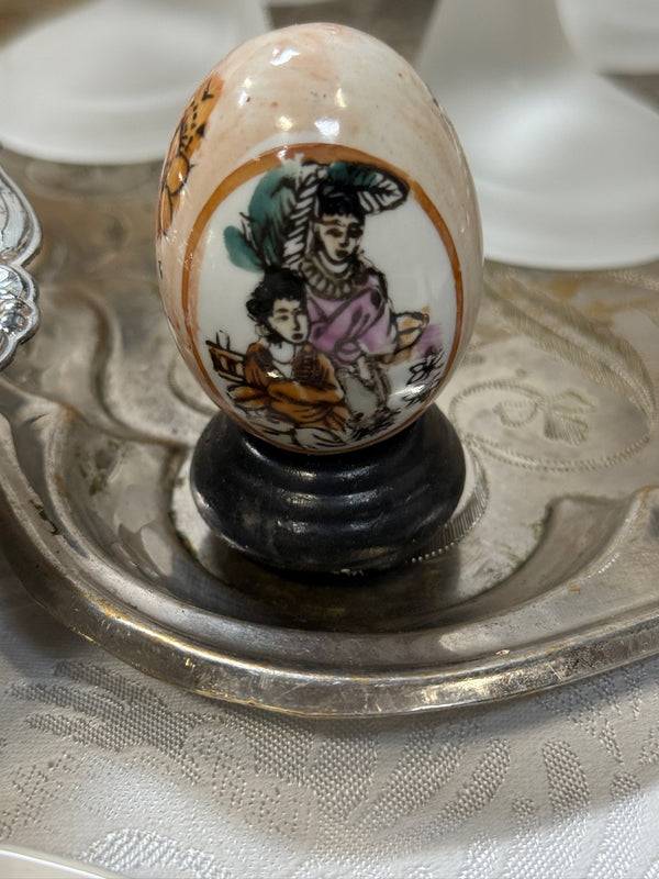 Vintage Hand Painted Famille Rose Porcelain Egg on Stand, c. 1970–2000