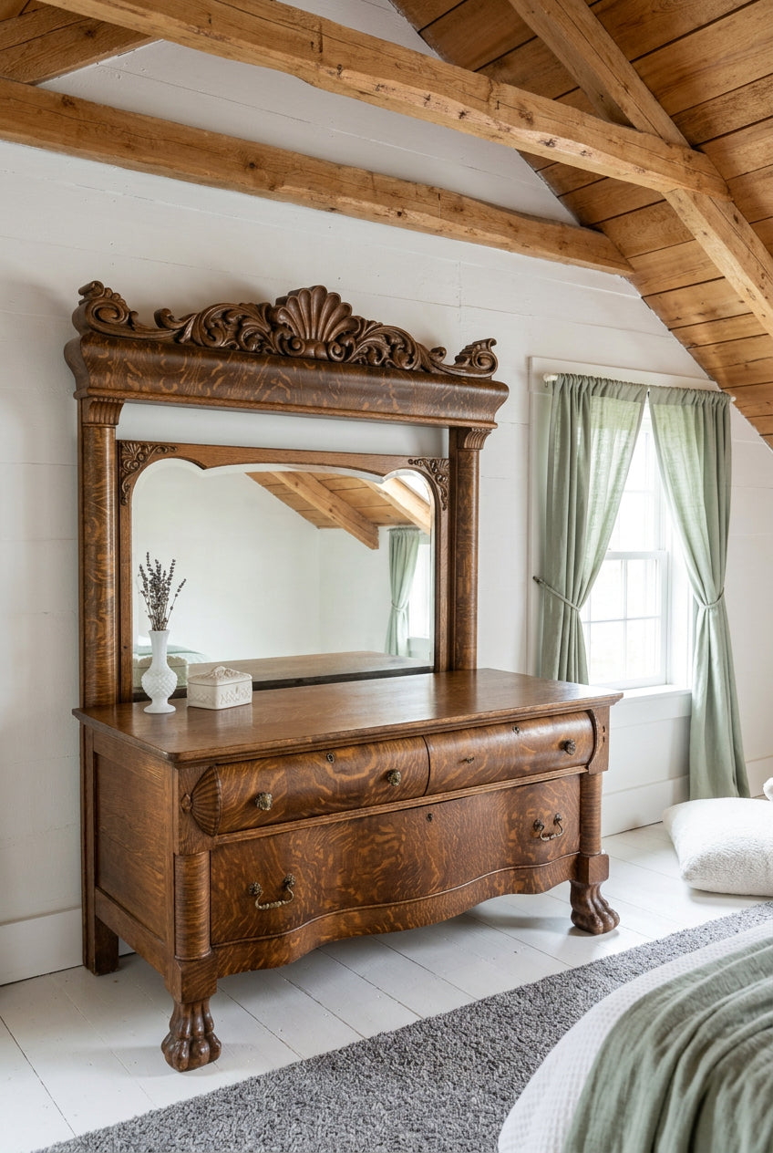 Carved Quartersawn Oak Low Dresser, Pillar Mirror, c. 1895–1910