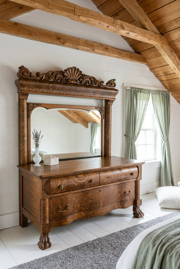 Carved Quartersawn Oak Low Dresser, Pillar Mirror, c. 1895–1910