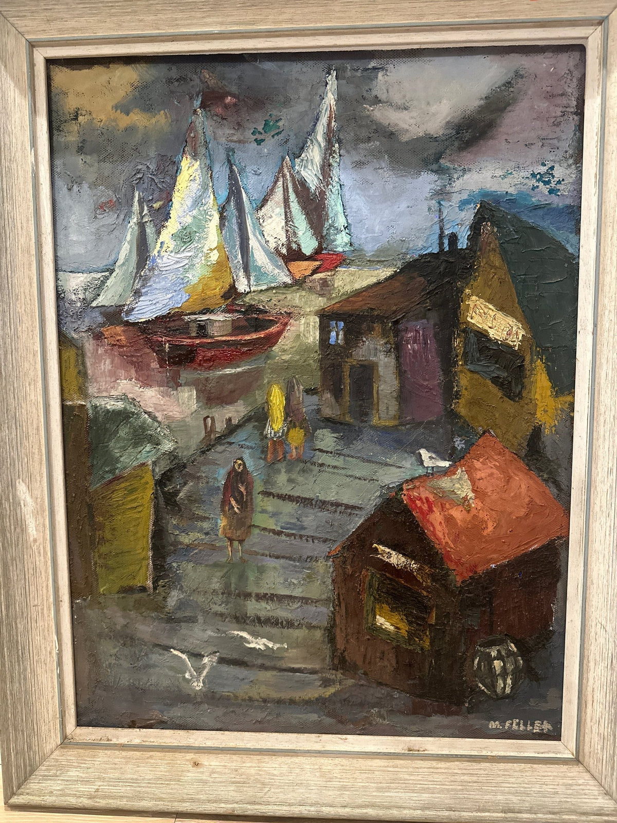 Harbor Village with Sailboats, Signed M. Feller, Oil, c. 1950–1970
